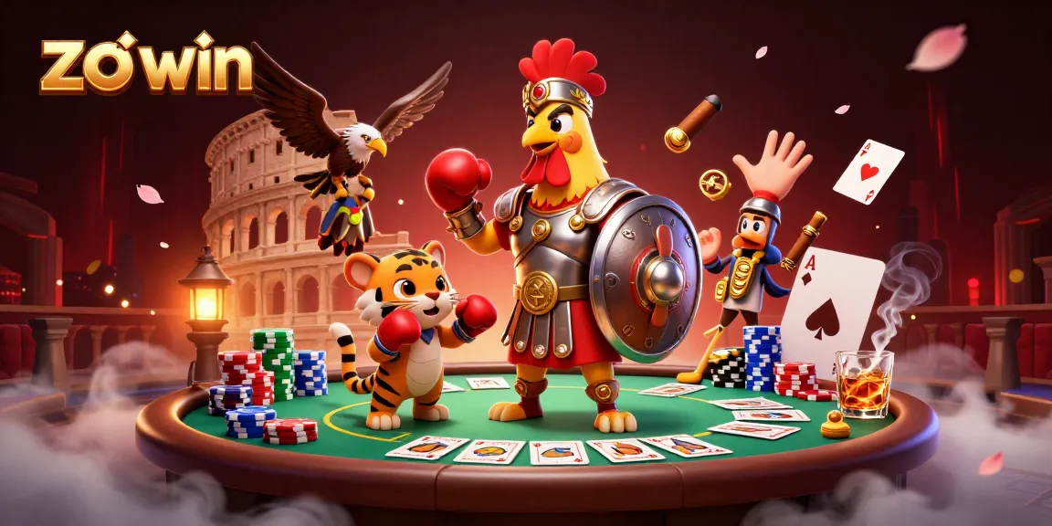 Experience thrilling gameplay at zo win with a dynamic casino scene featuring poker elements and energetic characters.