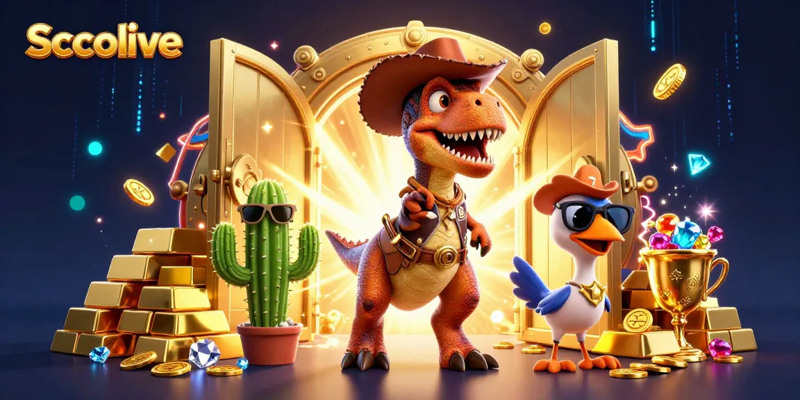 Socolive brings excitement as a T-Rex cowboy and friends discover treasure in a vibrant casino scene.