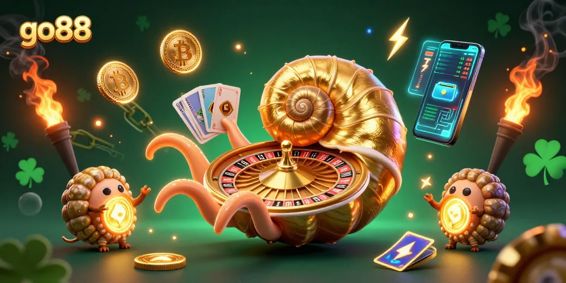 Engage with go88's vibrant gaming experience featuring golden nautilus and floating Bitcoin coins.