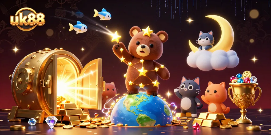Experience thrilling wins with uk88 as a constellation bear scoops coins from Earth amidst dazzling treasures.