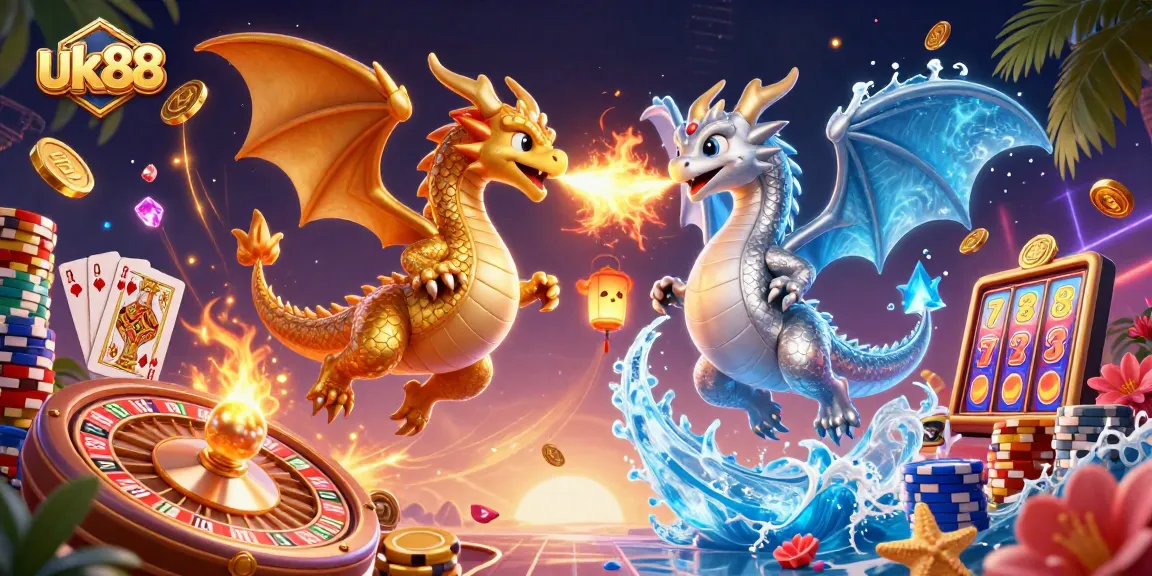Engage with uk88's thrilling casino world featuring gold and silver dragons and dynamic game elements.