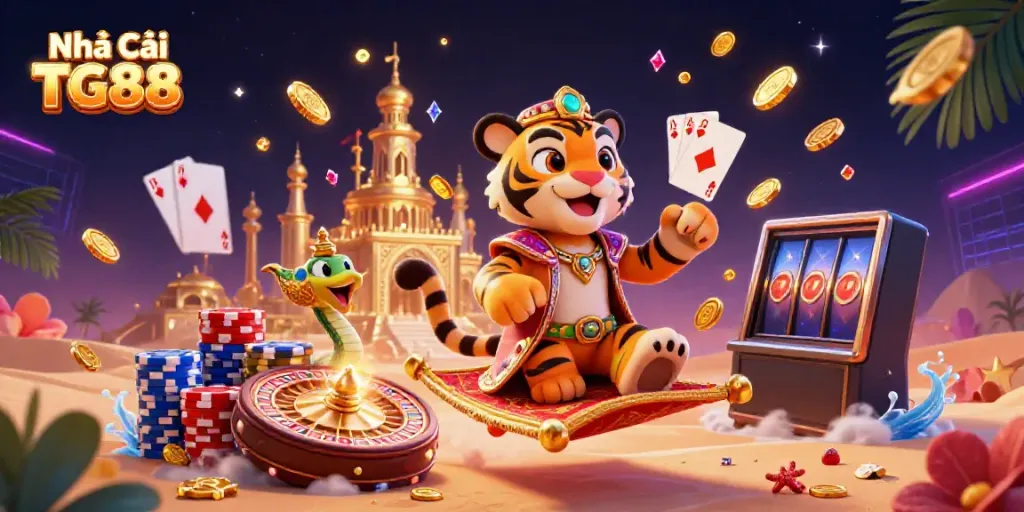 Play thrilling games at Nhà Cái TG88 featuring a vibrant 3D illustration of a tiger sultan in a magical casino setting.