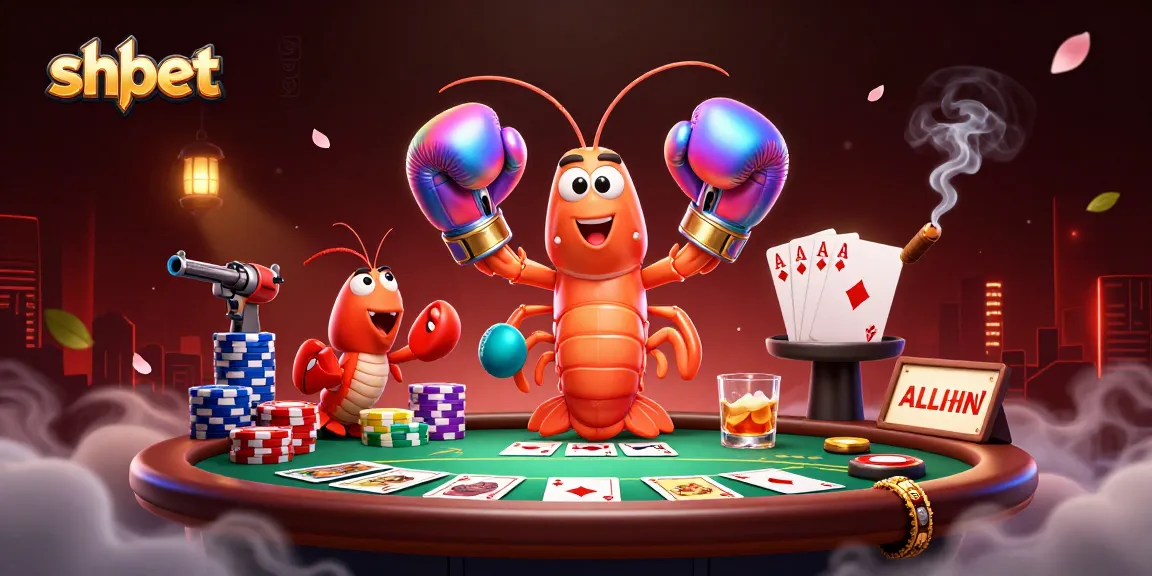 Engage with shbet's vibrant gaming scene featuring shrimp characters and poker elements.