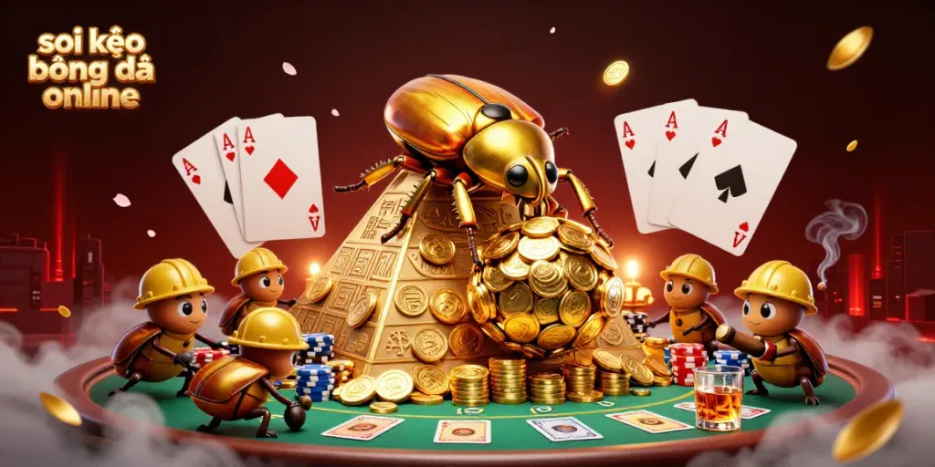 Engage in soi kèo bóng đá online with our vibrant 3D illustration of a golden beetle rolling coins.