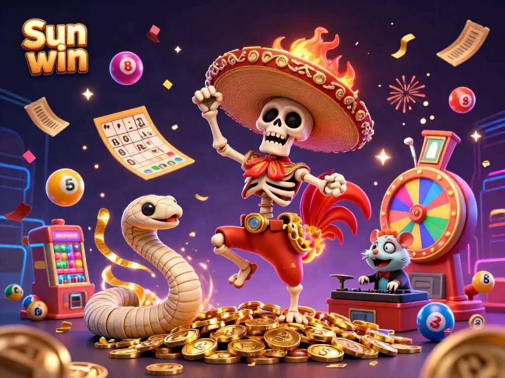 Sun win gaming celebration with a skeleton mariachi rooster winning on a pile of gold coins, showcasing vibrant casino elements