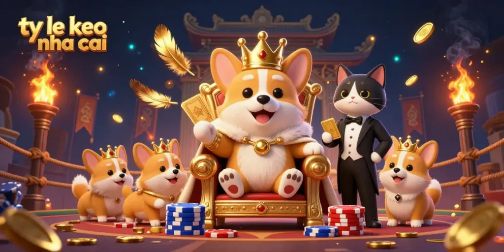 A dynamic 3D scene illustrating ty le keo nha cai, featuring a royal corgi on a poker chip throne surrounded by golden casino elements.