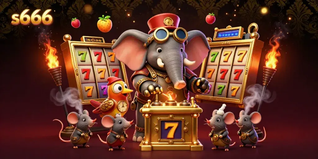 Engage with s666's vibrant slot gaming scene featuring a steampunk elephant engineer and golden slot machine.
