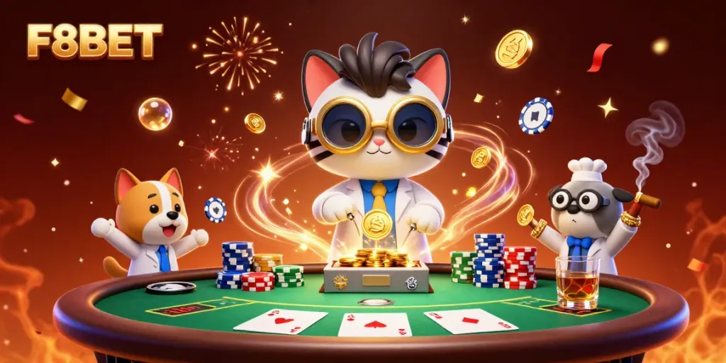 Win big with F8BET at a lively poker table featuring colorful chips and animated characters!
