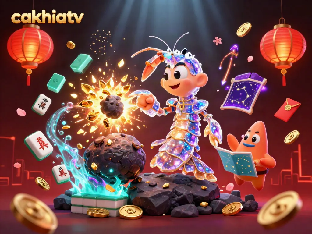 Cakhiatv showcases a vibrant casino-themed illustration with galactic characters amidst glowing symbols and treasures.