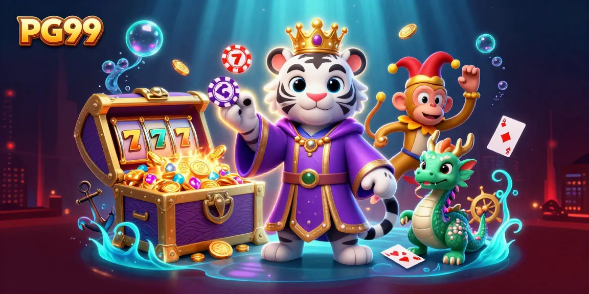 Experience excitement at PG99 with vibrant 3D characters and dynamic casino elements in this captivating scene.