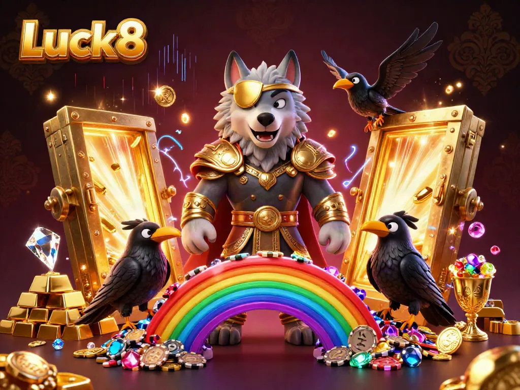 Luck8 features an epic Norse-themed casino scene with Odin and ravens before a bridge of tokens.