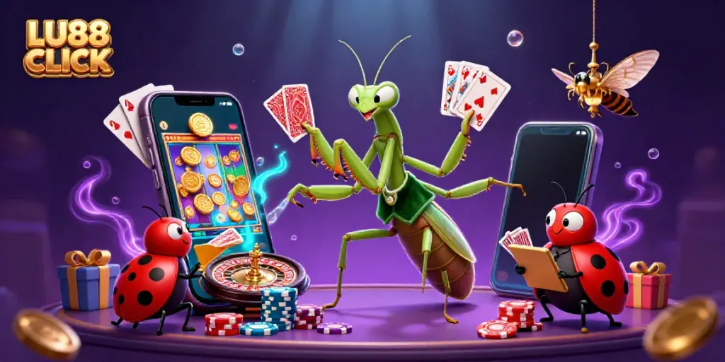 Experience the excitement of LU88 CLICK with unique characters in a colorful casino scene.