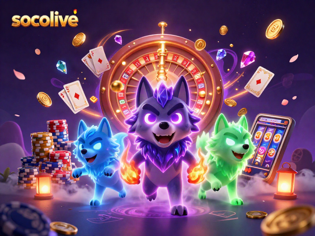 Engage with socolive at a magical casino with animated wolves and vibrant game elements.