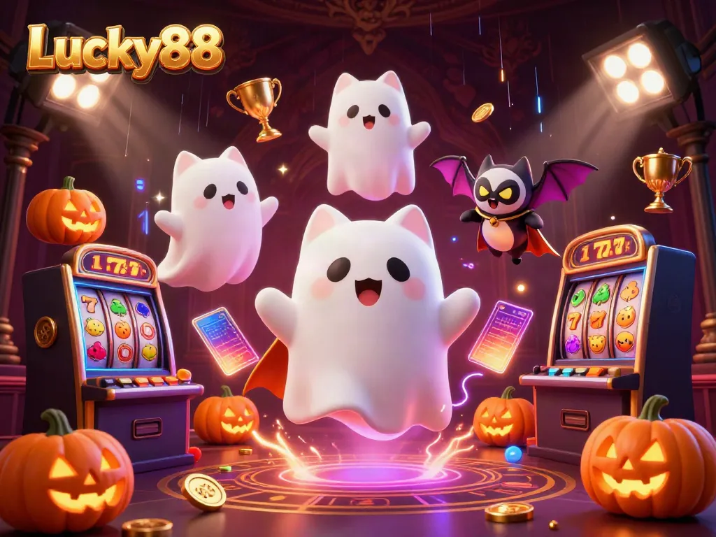 Experience thrilling gameplay at Lucky88 with a festive scene featuring a ghost cat, vampire bat, and glowing pumpkin symbols.