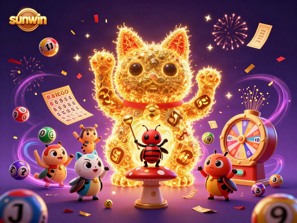 Engage in exciting gameplay at sunwin with dynamic lottery balls, a lucky cat, and vibrant casino elements.