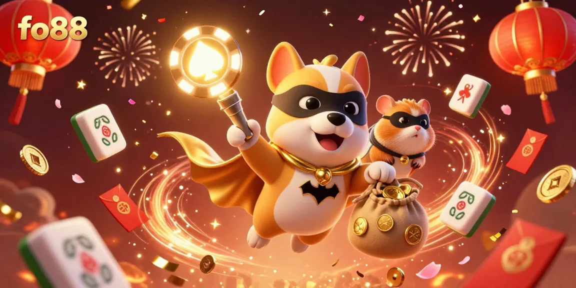 Join the adventure with fo88 as a superhero dog and sidekick hamster unleash festive casino fun.