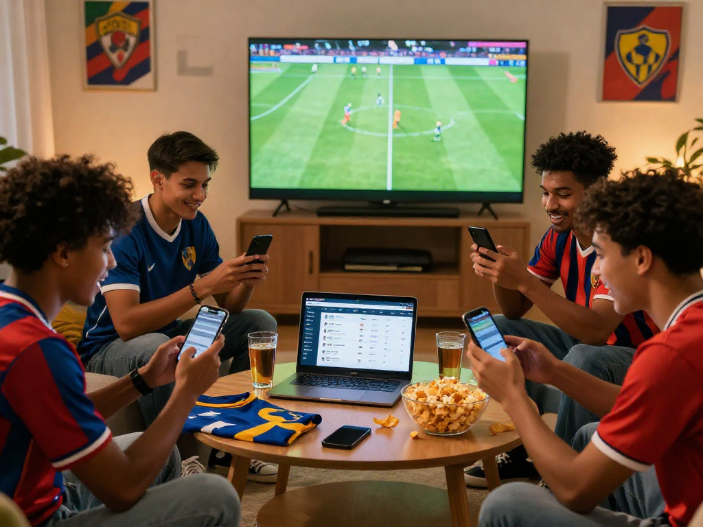 Friends using TK999 app for online sports betting during a live game, showcasing camaraderie and excitement.
