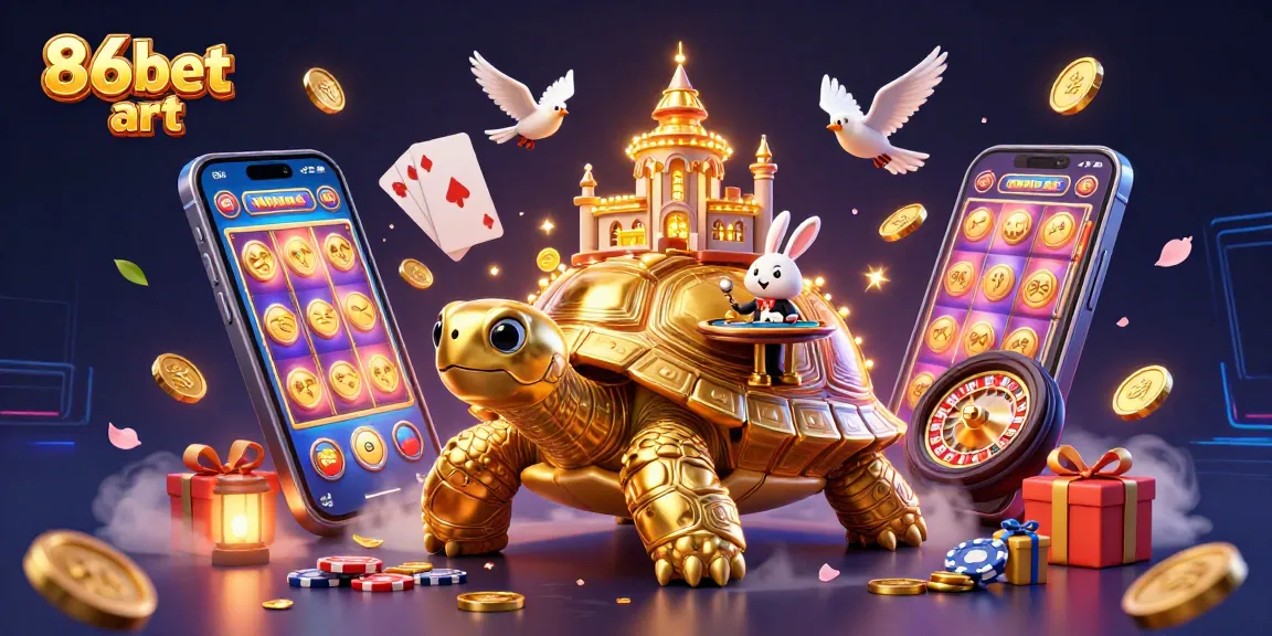 Engage with 86bet art through an ultra-detailed 3D casino-themed illustration featuring a golden tortoise and dynamic gaming action.