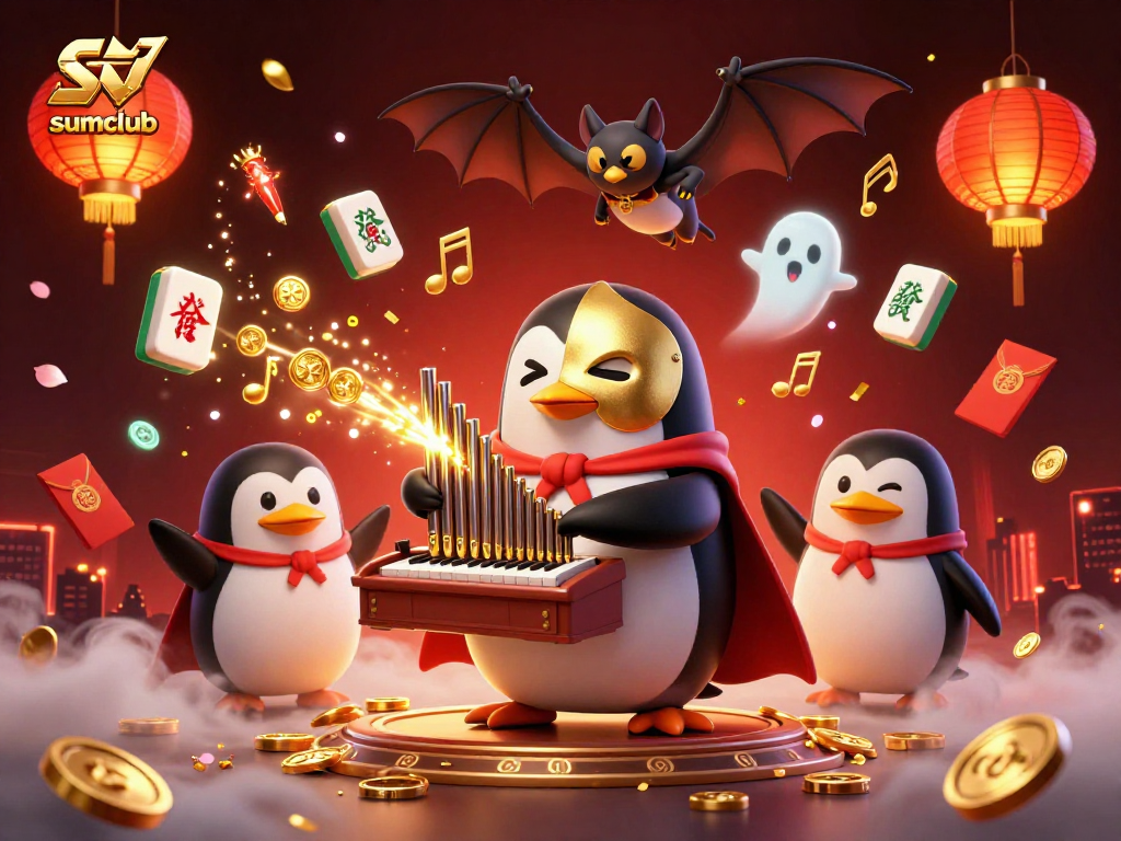 Play exciting games at sumclub with a 3D penguin playing the organ amidst a lively casino scene!