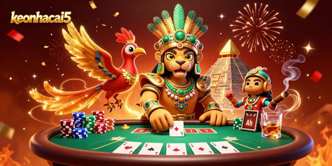 Experience thrilling poker action with keonhacai5 in a vibrant Mayan-themed 3D casino illustration.