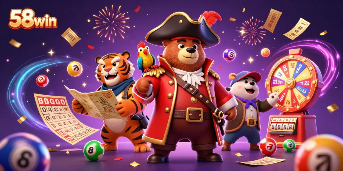 Engage with 58win's thrilling gaming experience featuring a lively casino scene with colorful elements.