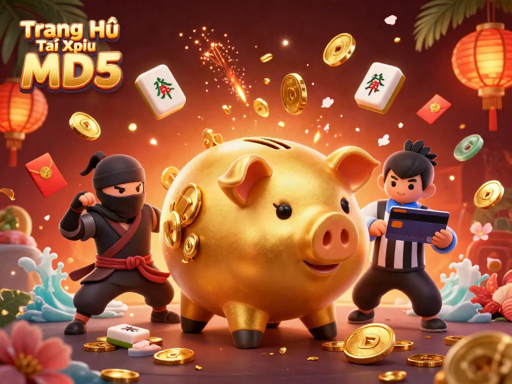 Experience high-energy gaming action with Trang Chủ Tài Xỉu MD5, featuring a captivating sumo wrestler and coins raining down.