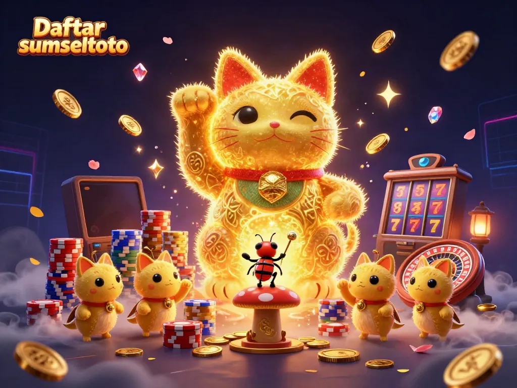 Engage with Daftar sumseltoto's vibrant casino scene featuring a lucky cat and dynamic elements.