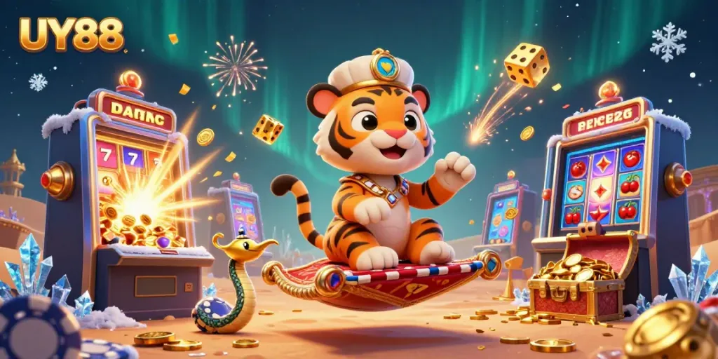 Experience thrilling gameplay with UY88 featuring a vibrant 3D casino scene bursting with action.