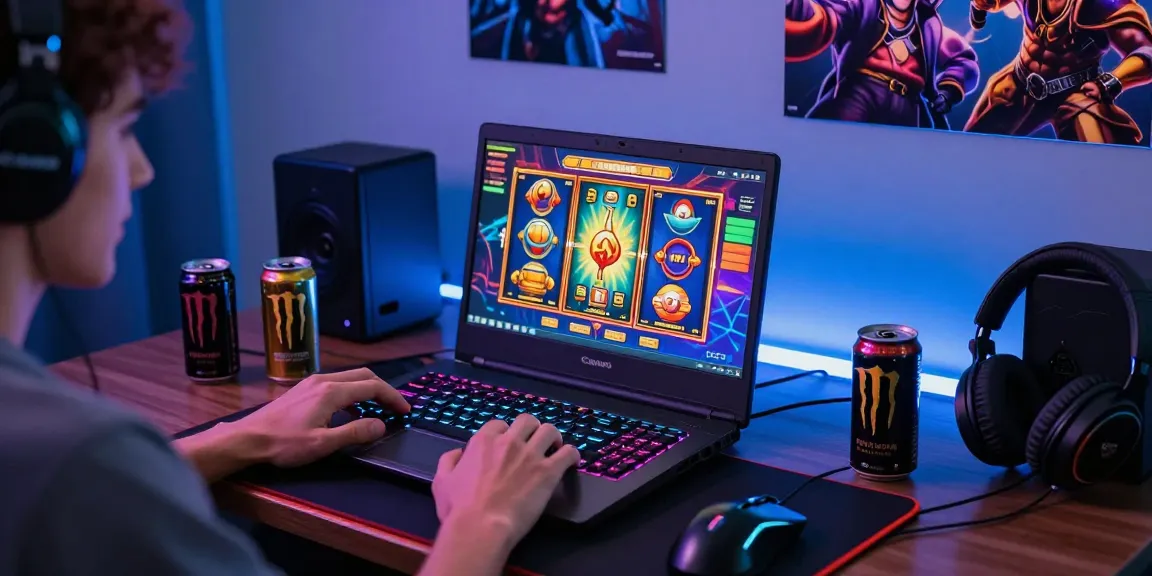 situs slot deposit 10 ribu gaming setup with vibrant laptop display and gaming gear