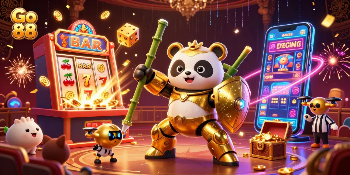 Go 88 offers a captivating casino scene with a golden panda mech-suit in action amidst vibrant slot game elements.