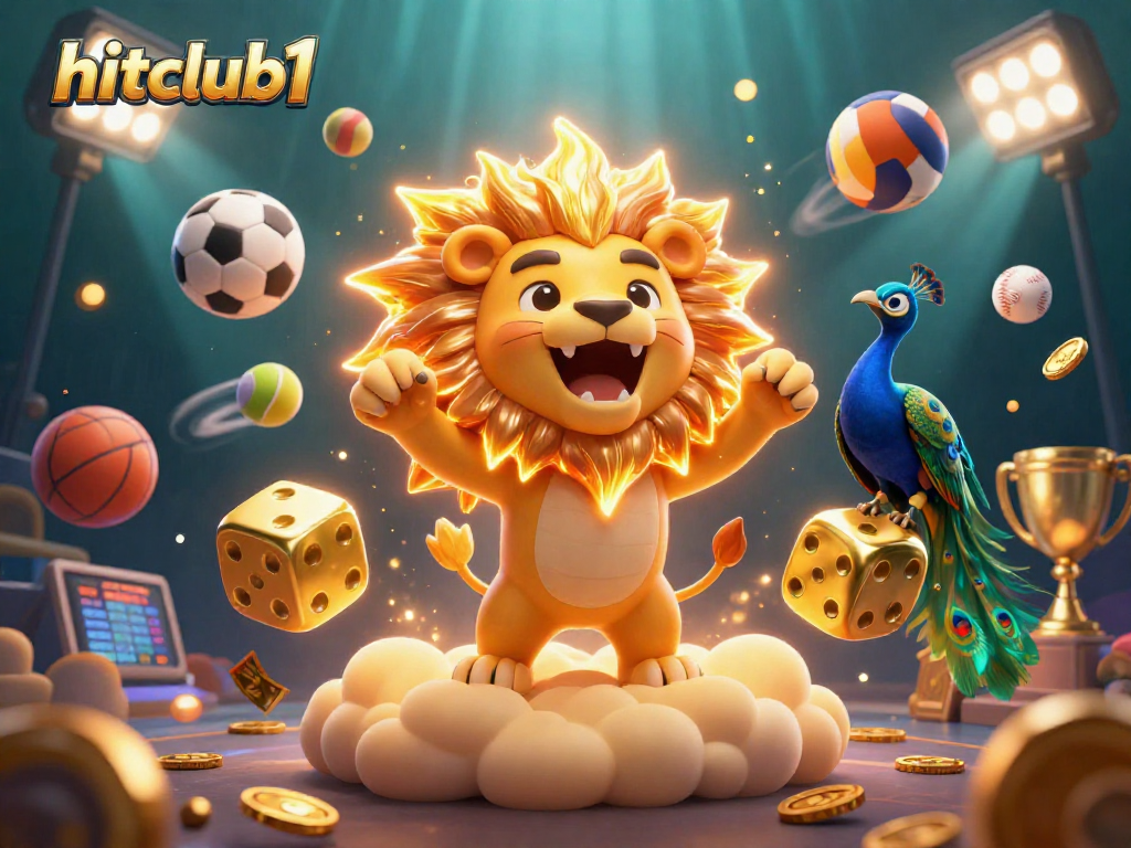 Experience the thrill of hitclub1 casino with a vibrant 3D scene of games, trophies, and excitement.