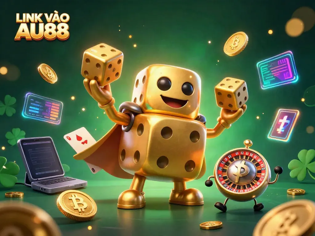 Link vào AU88 features an engaging 3D illustration of golden dice characters amidst dynamic casino elements.