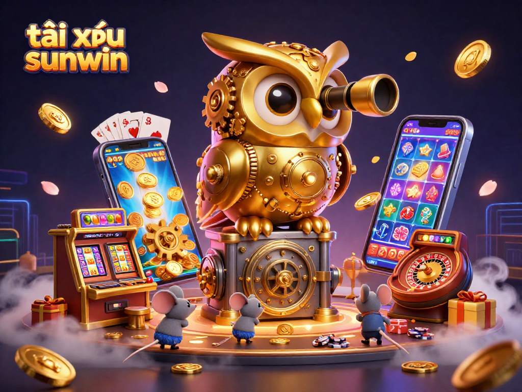 Experience the excitement of tài xỉu sunwin with golden owl overseeing a dynamic casino scene filled with games and vibrant elements.