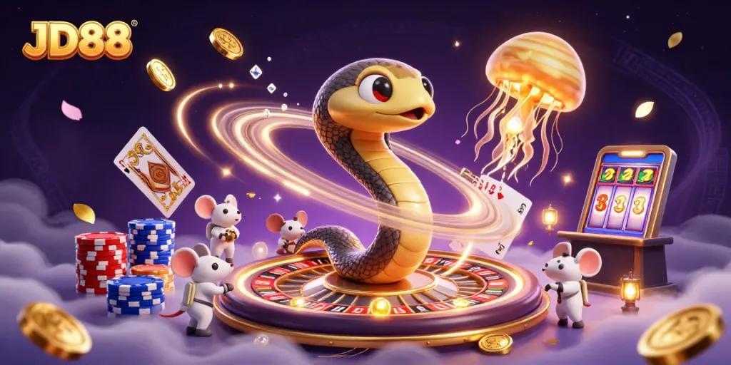Experience the thrill of JD88 with astronaut mice betting around a cosmic roulette wheel.
