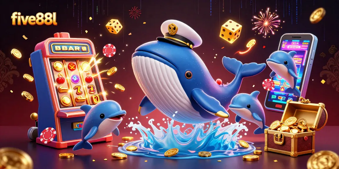 Experience exciting gameplay at five88l with a whale captain and playful dolphins amid stacked coins and slots.