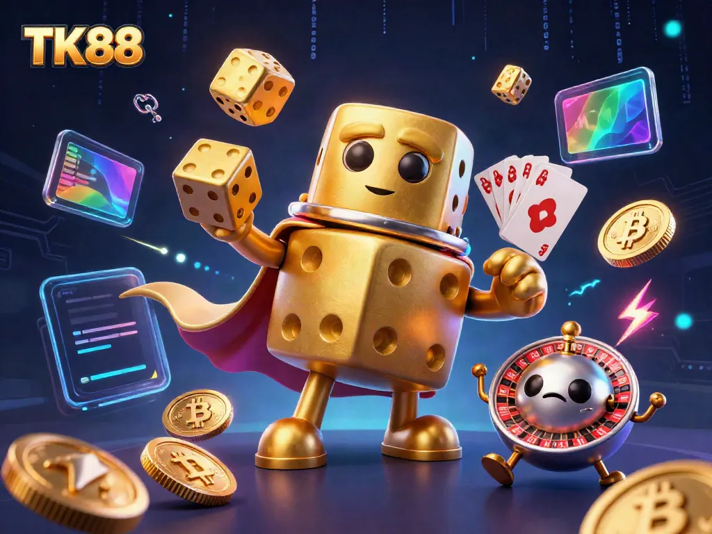 Engage in thrilling gameplay at TK88 with vibrant 3D casino elements like dice and cryptocurrencies.