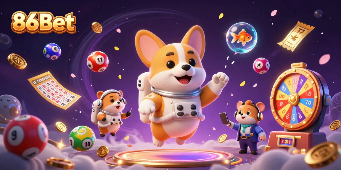 Experience the excitement of 86Bet as a playful corgi floats in a vibrant space station casino.