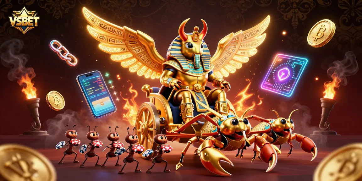 Experience dynamic action with VSBET's golden beetle and casino elements in a vibrant 3D illustration.