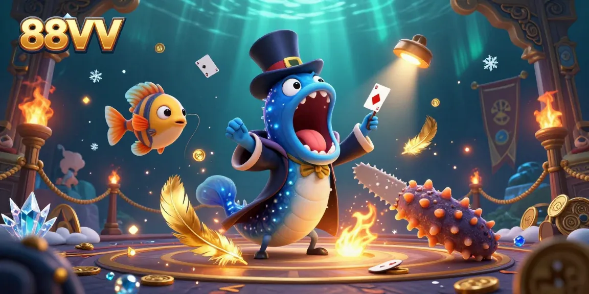 Experience thrilling magic tricks with 88VV's underwater casino characters showcasing vibrant card games.