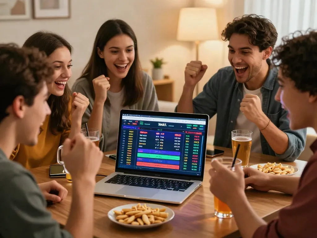 Engaging scene of friends enjoying online betting at Debet net, showcasing excitement and camaraderie.