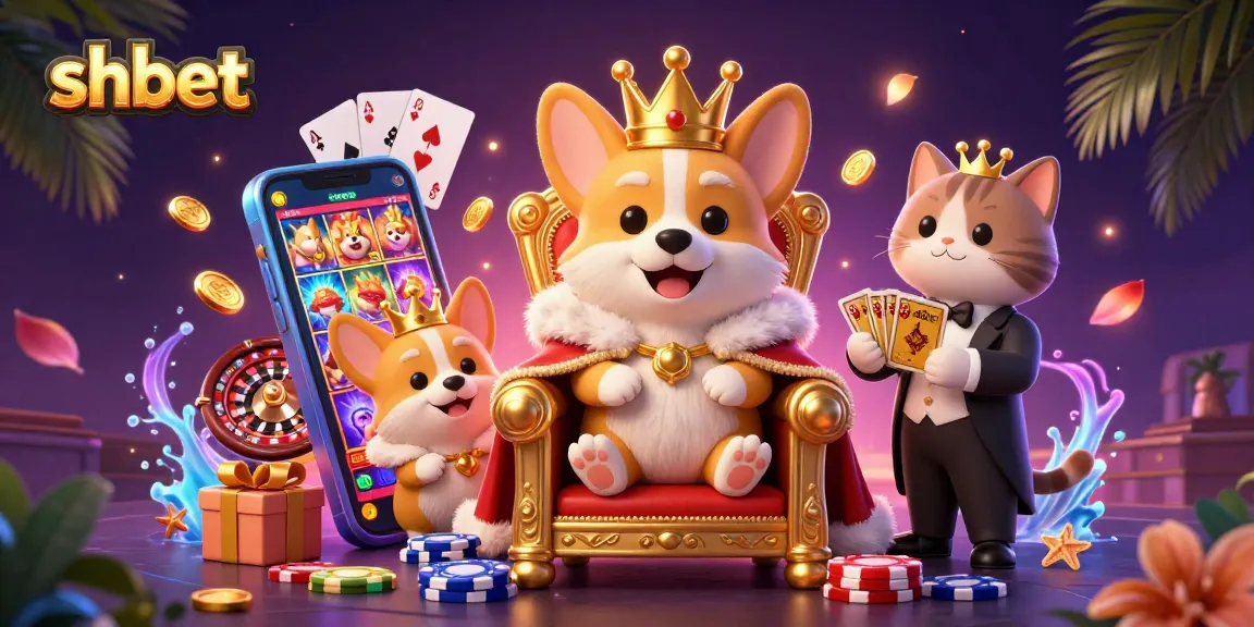 Experience the exciting world of shbet with a royal corgi reigning over a vibrant casino scene, showcasing lively games and chips.
