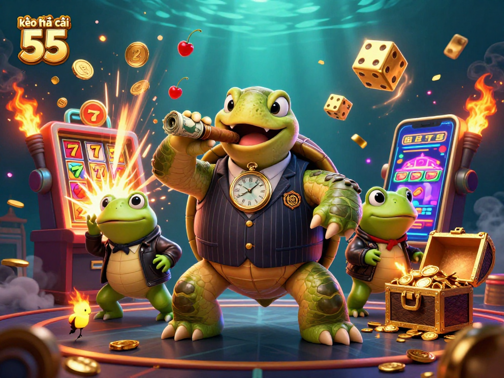 Engaging scene of kèo nhà cái 55 featuring a turtle in mobster attire surrounded by gaming symbols.
