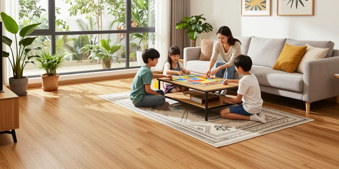 Living room with stylish wood effect flooring trends, family enjoying quality time together.