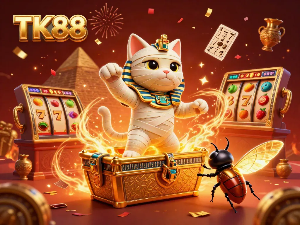 Experience thrilling gameplay with TK88, where a charismatic mummy cat and a scarab beetle shine in a vibrant casino scene.