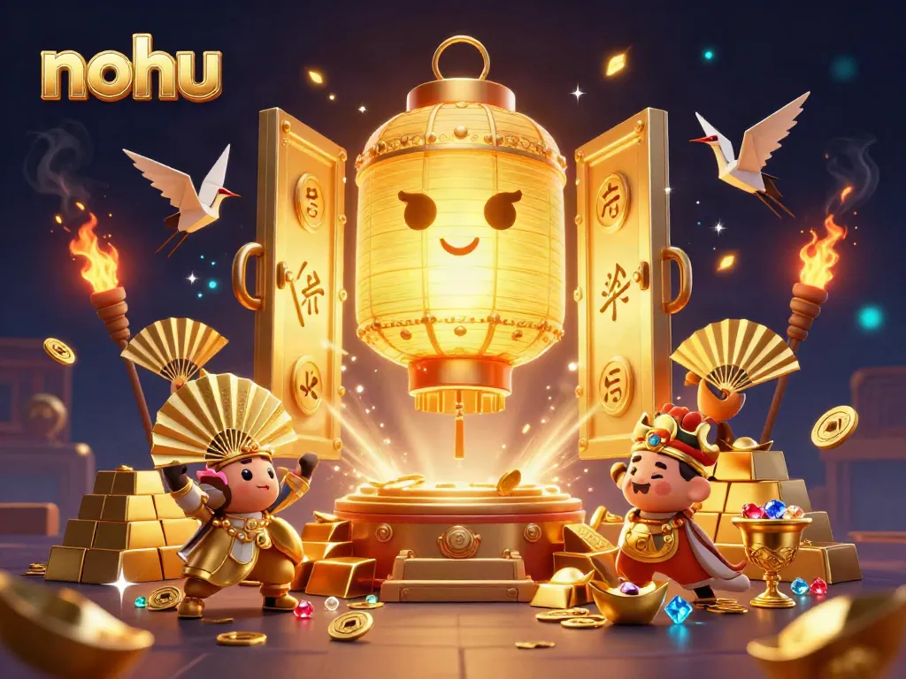 Experience the thrill of nohu slot games with a vibrant, 3D illuminated scene featuring a golden lantern spirit.