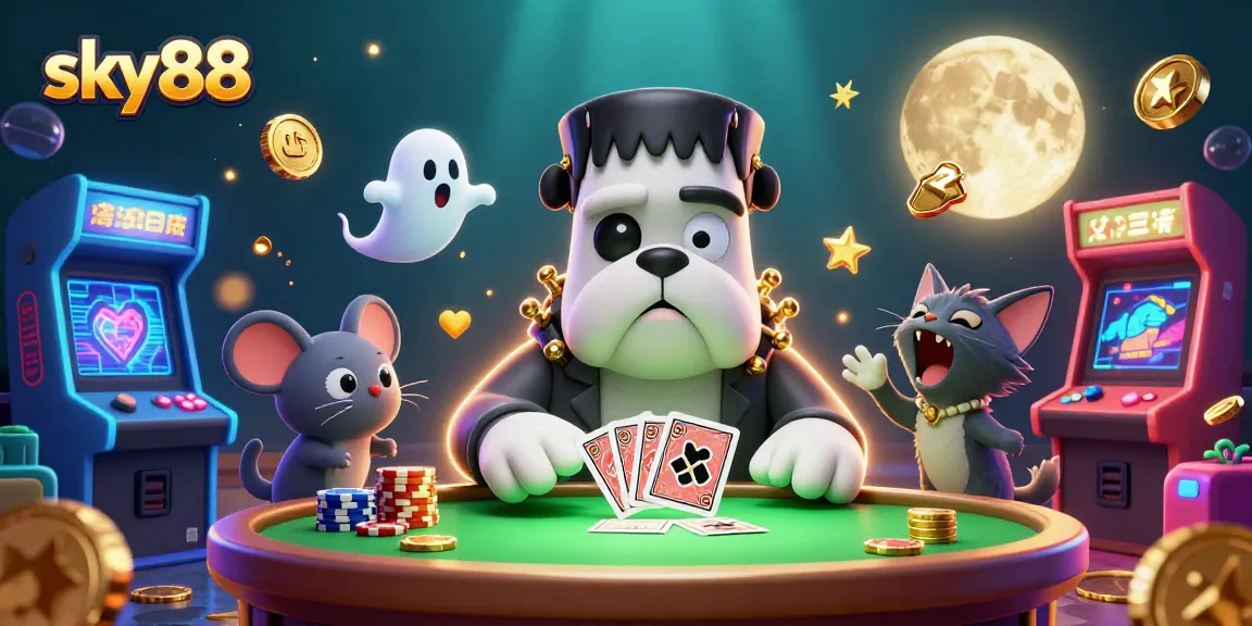 Experience thrilling gaming at sky88 casino with a whimsical card-dealing bulldog and lively characters.