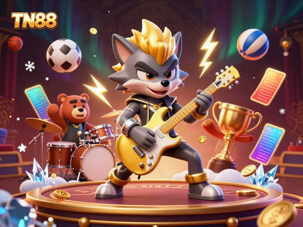 Experience vibrant TN88 casino magic with cartoon rock star and drummer bear, amidst sports-themed elements.