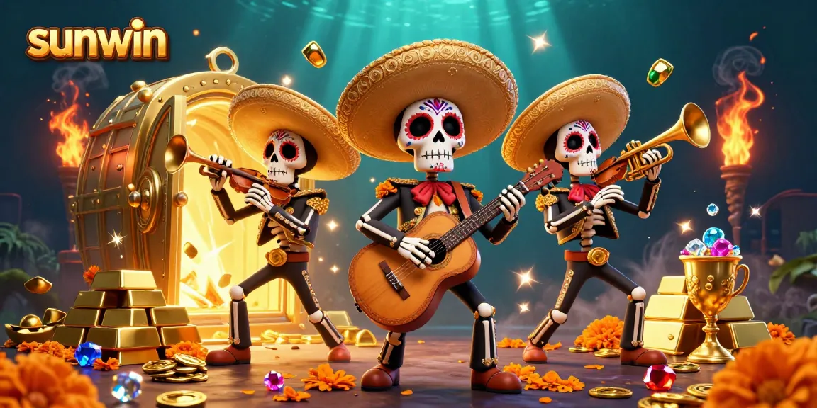 Win big with sunwin in a vibrant casino scene featuring a mariachi band and treasure.