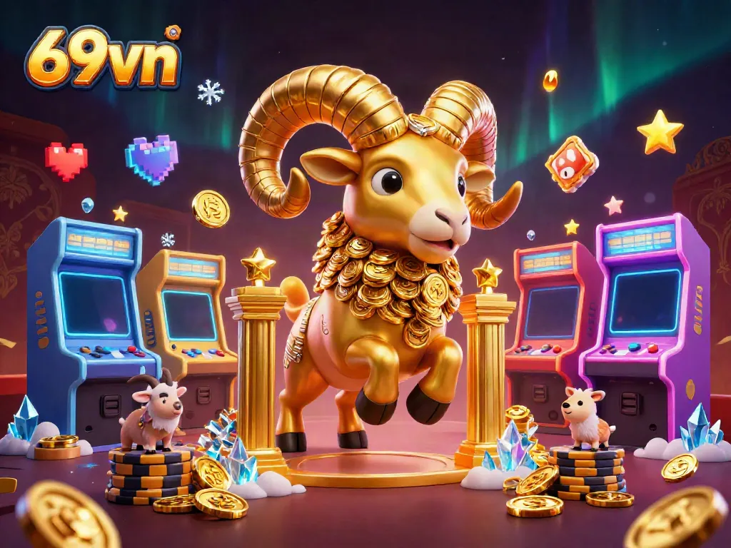 Experience the excitement of 69vn with a vibrant scene featuring a golden ram charging through a casino, surrounded by arcade elements.
