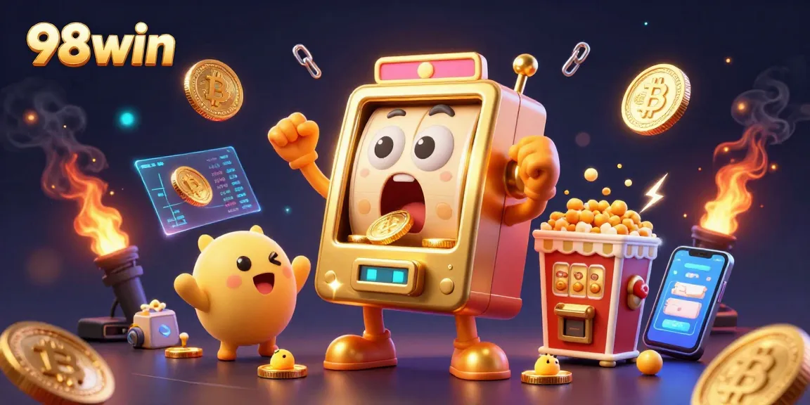 Experience big wins with 98win's animated slot machine amidst crypto coins and vibrant visuals.